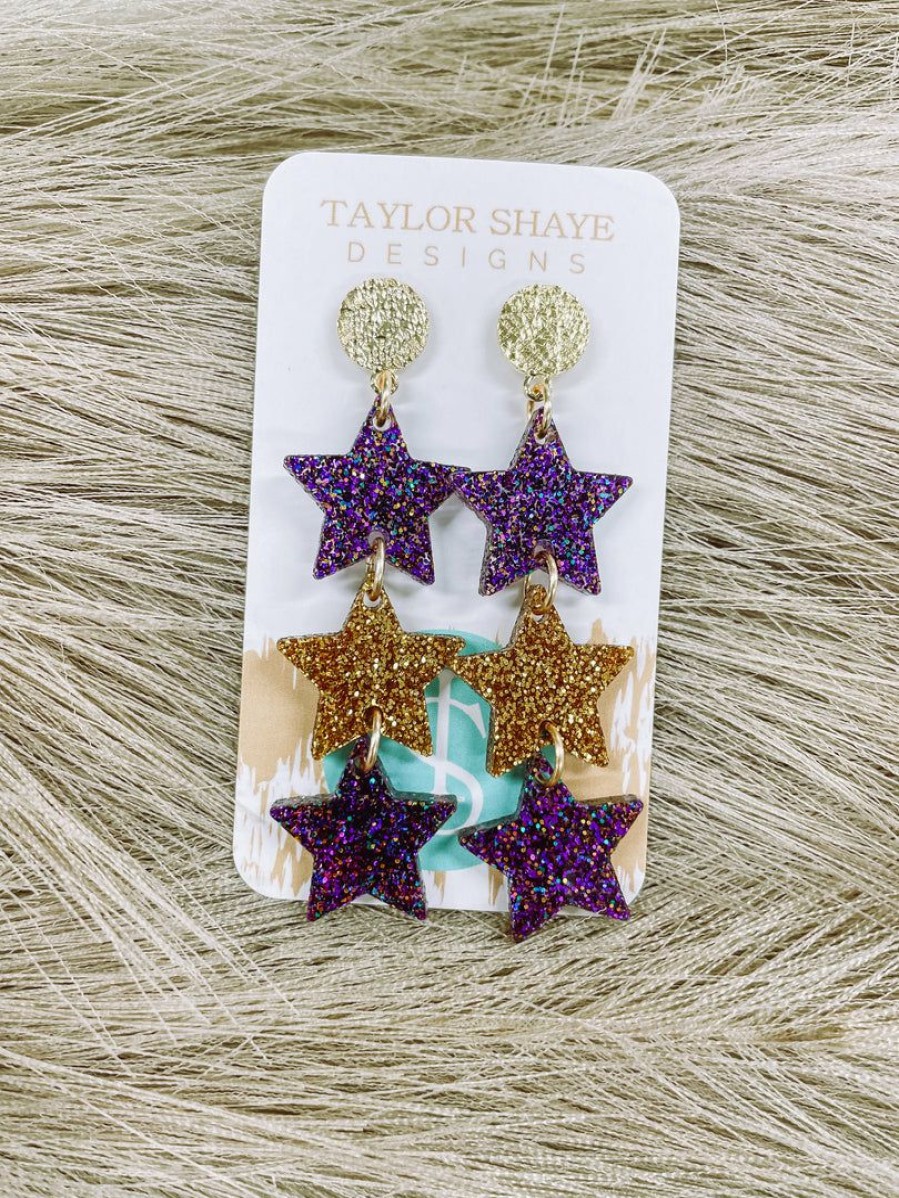 * Texas Bling Jewelry Millie Purple & Gold Triple Star Drop Earrings Jewelry