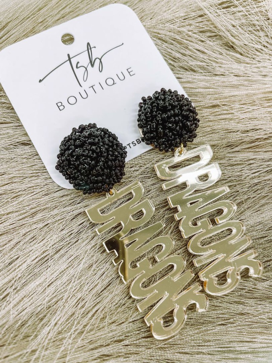 * Texas Bling 2022 School Style Gold Dragons Black Pom Earrings Jewelry