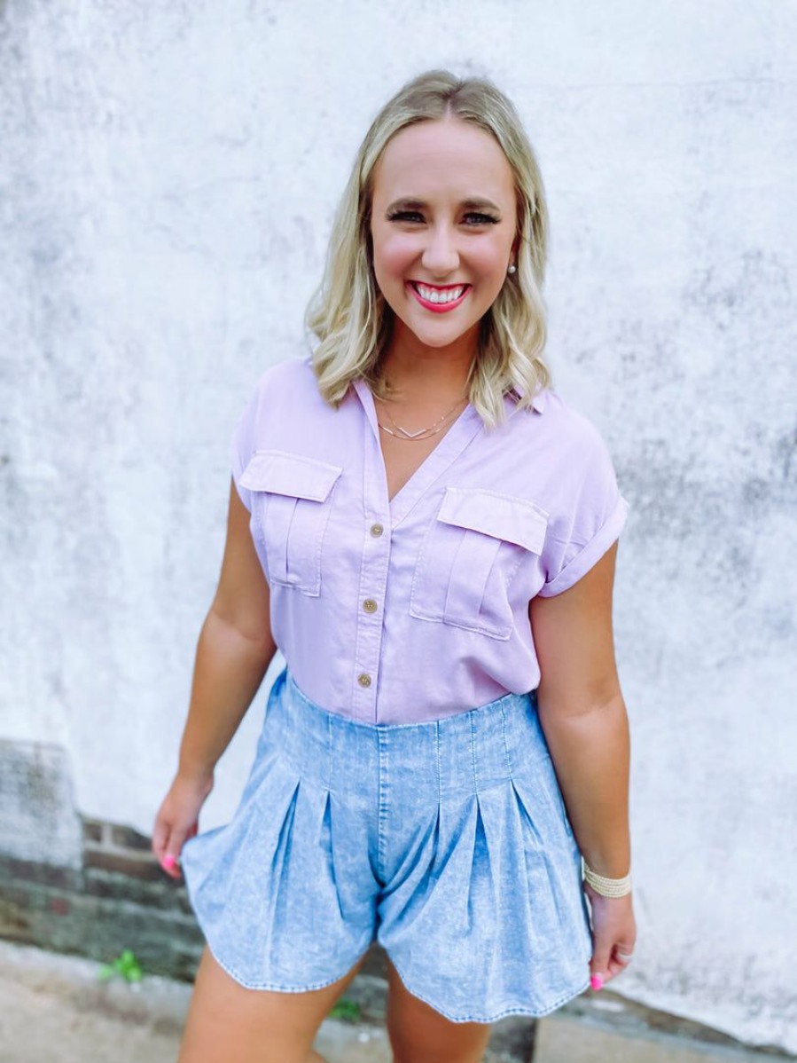 * Trend Notes Sydney Short Sleeve Button Up Shirt- Lilac Tops Tops