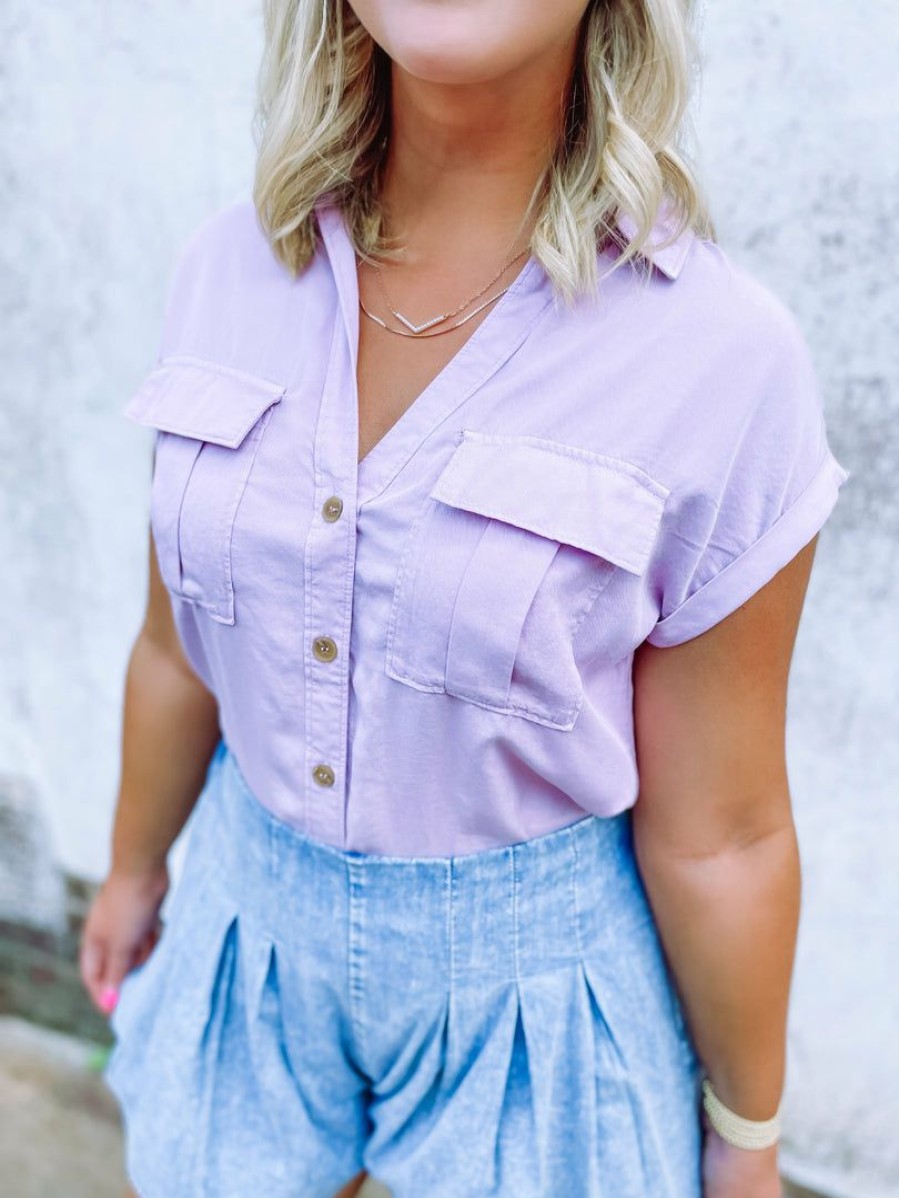 * Trend Notes Sydney Short Sleeve Button Up Shirt- Lilac Tops Tops