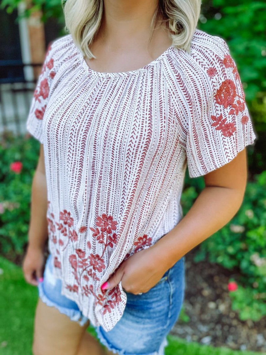 * Andree Neutral Babe Daniella Rust Embroidered Tribal Top Tops