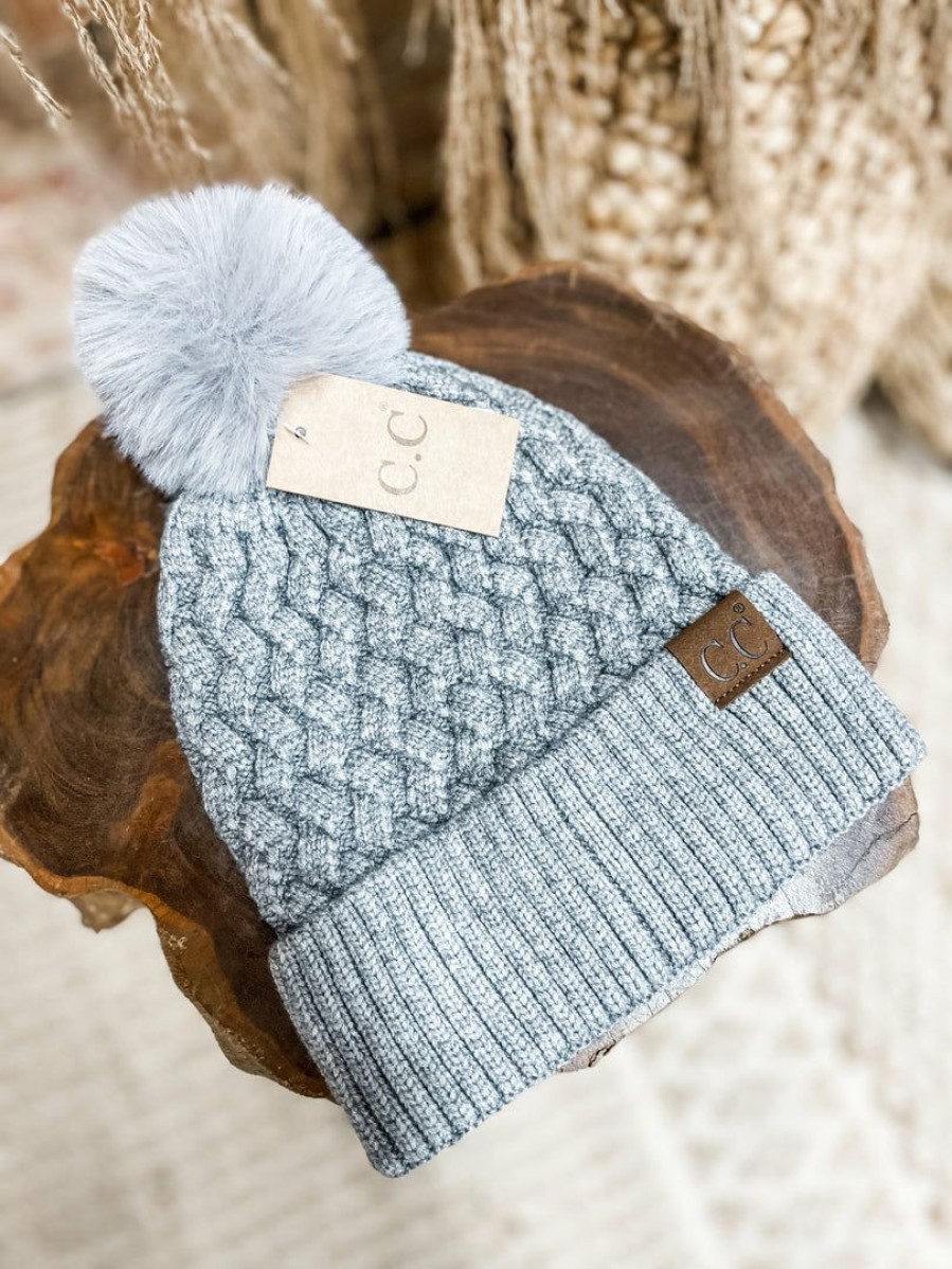 * Texas Bling Lena Woven Cable Knit Pom Pom Beanie- Dark Grey Hats Hats