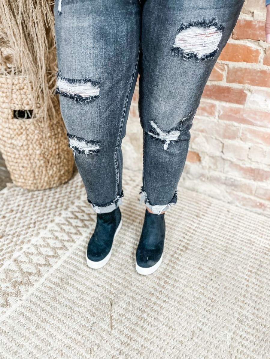 * Risen Lellan High Rise Distressed Straight Leg Jeans- Washed Black Bottoms