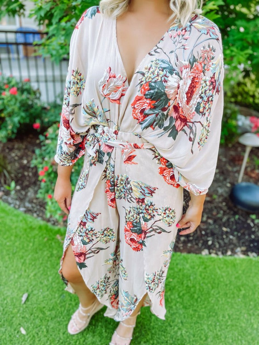 * Cezanne Alyssa Floral Self Tie Kimono Jumpsuit Neutral Babe Rompers & Jumpsuits