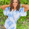 * Flying Tomato Vanessa Blue Palm Leaf Tie Romper Take Me Away: Resort Edition Rompers & Jumpsuits