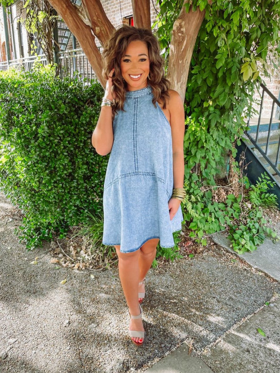 * Idem Ditto Phoebe Halter Neck Denim Mini Dress Dresses Denim