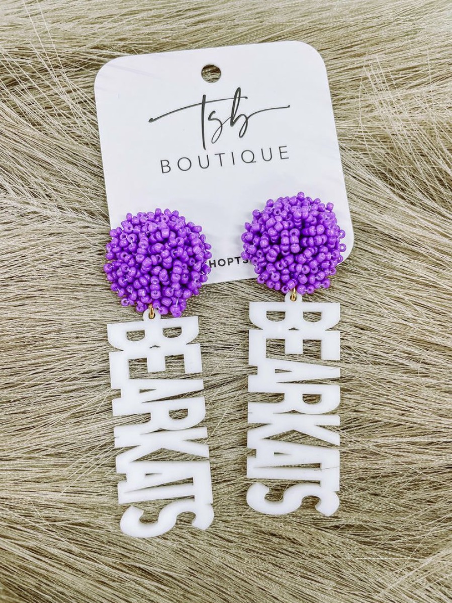 * Texas Bling 2022 School Style White Bearkats Purple Pom Earrings Jewelry