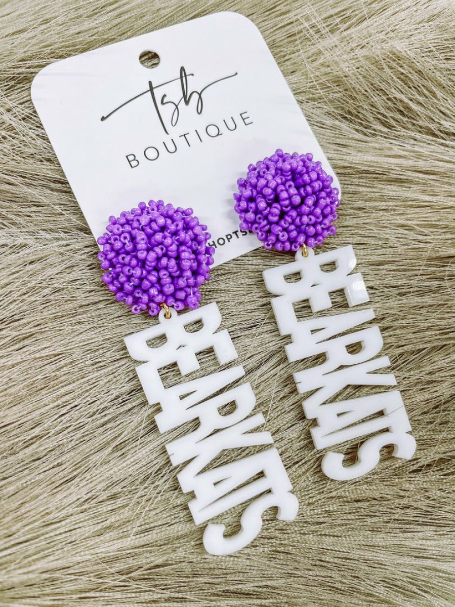 * Texas Bling 2022 School Style White Bearkats Purple Pom Earrings Jewelry