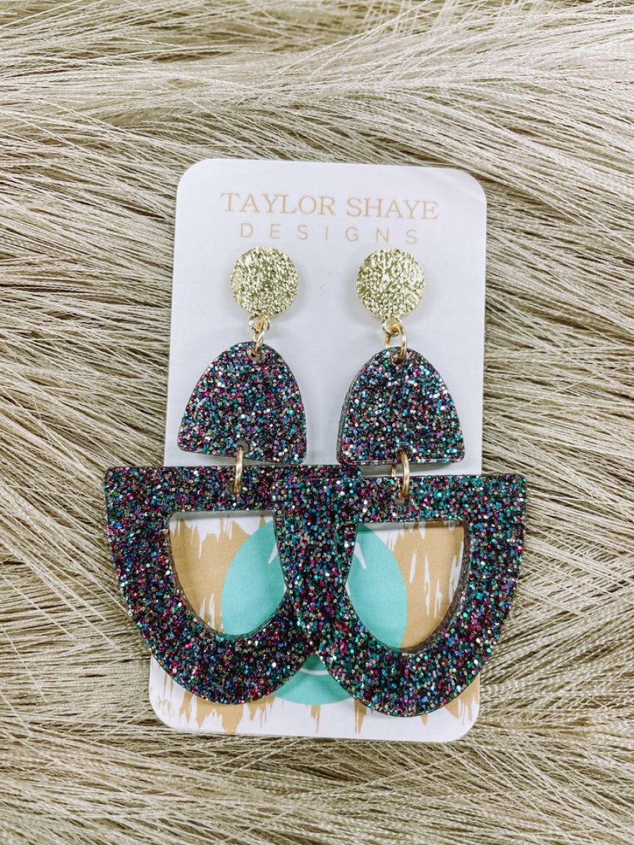 * Texas Bling Lulu Dark Rainbow Glitter Open Drop Earrings Jewelry