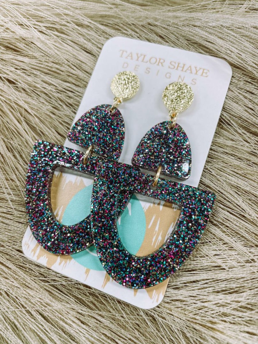 * Texas Bling Lulu Dark Rainbow Glitter Open Drop Earrings Jewelry