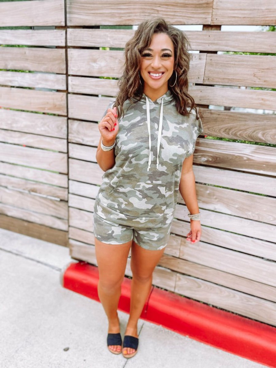 * Entro Sets Erin Camo Hoodie & Shorts Set- Army Sets