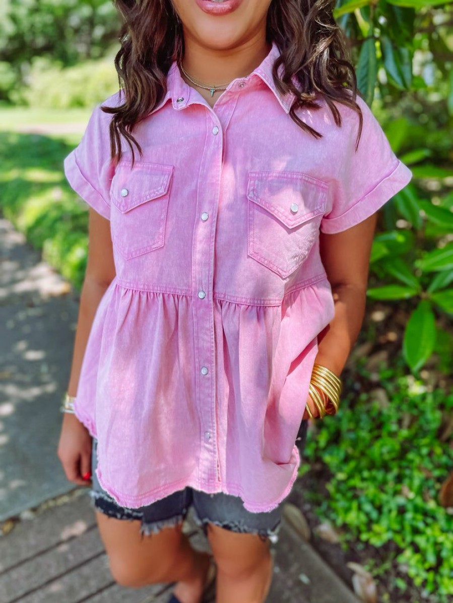 * Entro Tops Jaylin Denim Collared Babydoll Top- Pink Tops