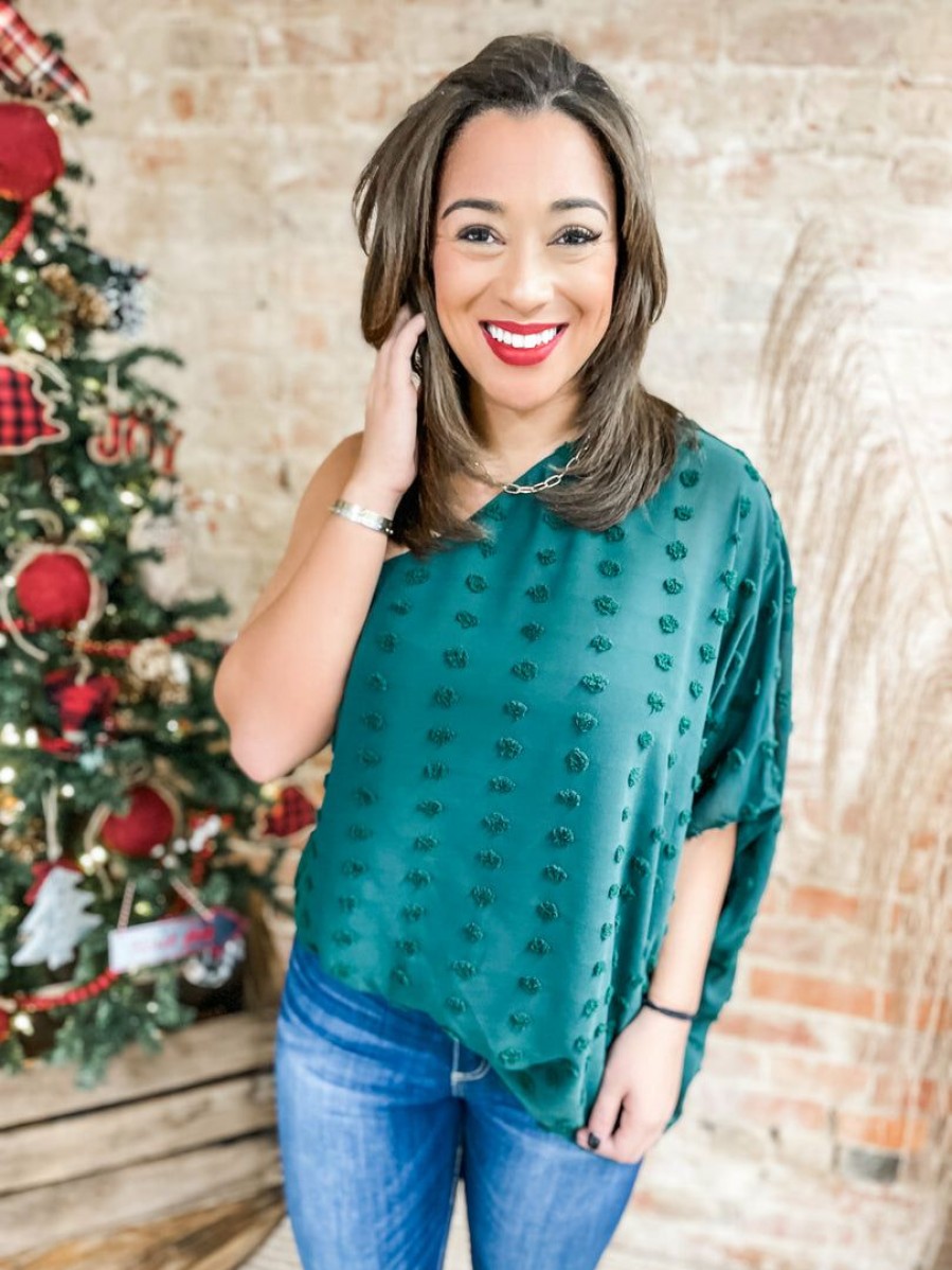 * Main Strip Karla One Shoulder Swiss Dot Top- Hunter Green Tops Tops