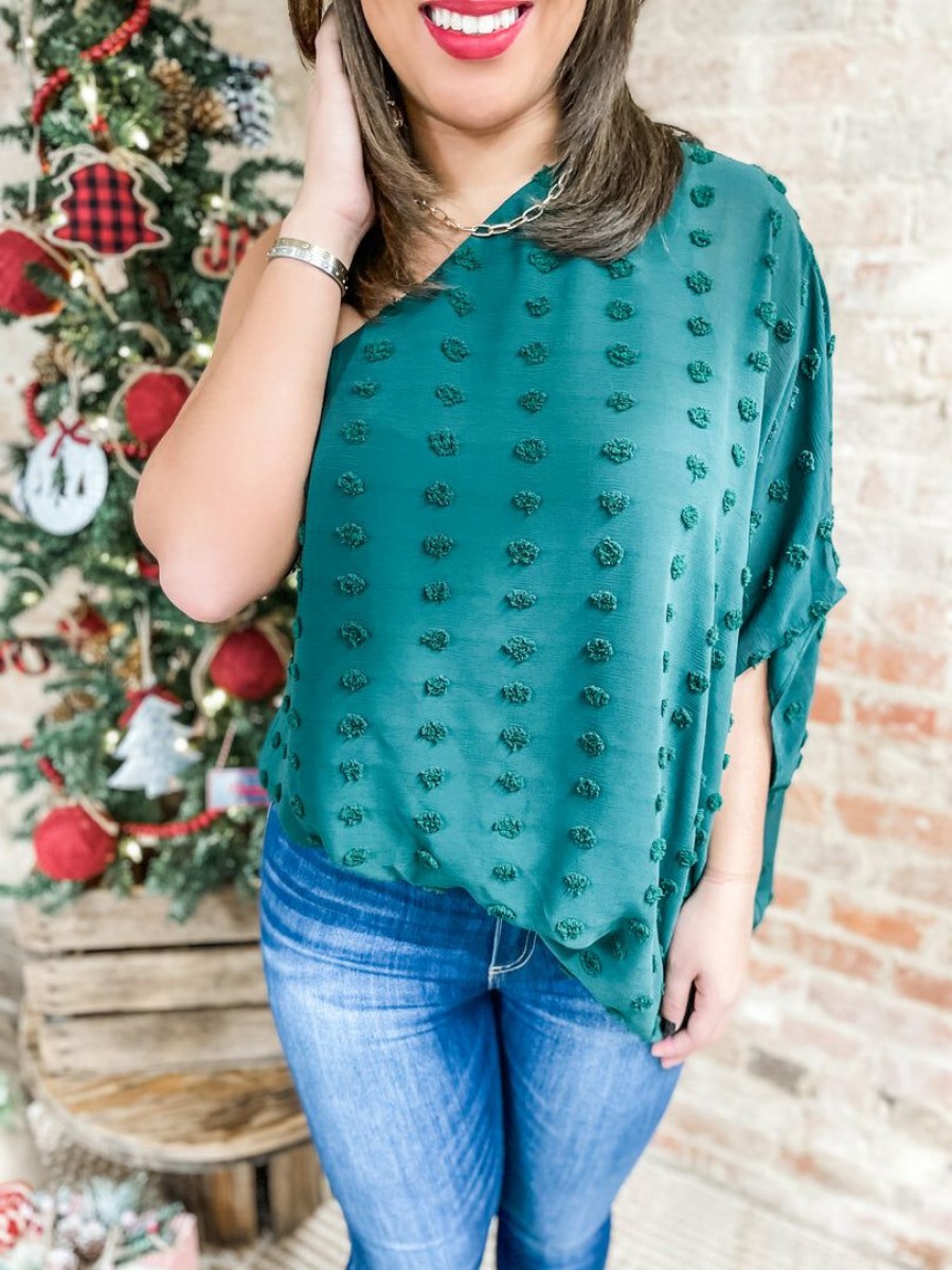 * Main Strip Karla One Shoulder Swiss Dot Top- Hunter Green Tops Tops