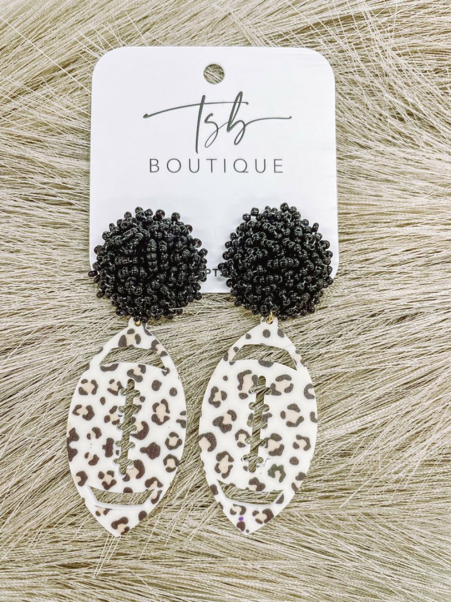 * Texas Bling Leopard Football Black Pom Earrings 2022 School Style Jewelry