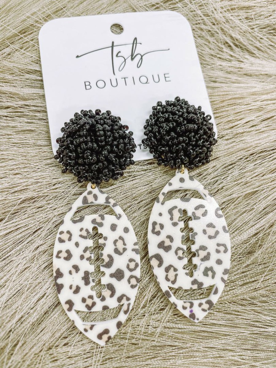 * Texas Bling Leopard Football Black Pom Earrings 2022 School Style Jewelry