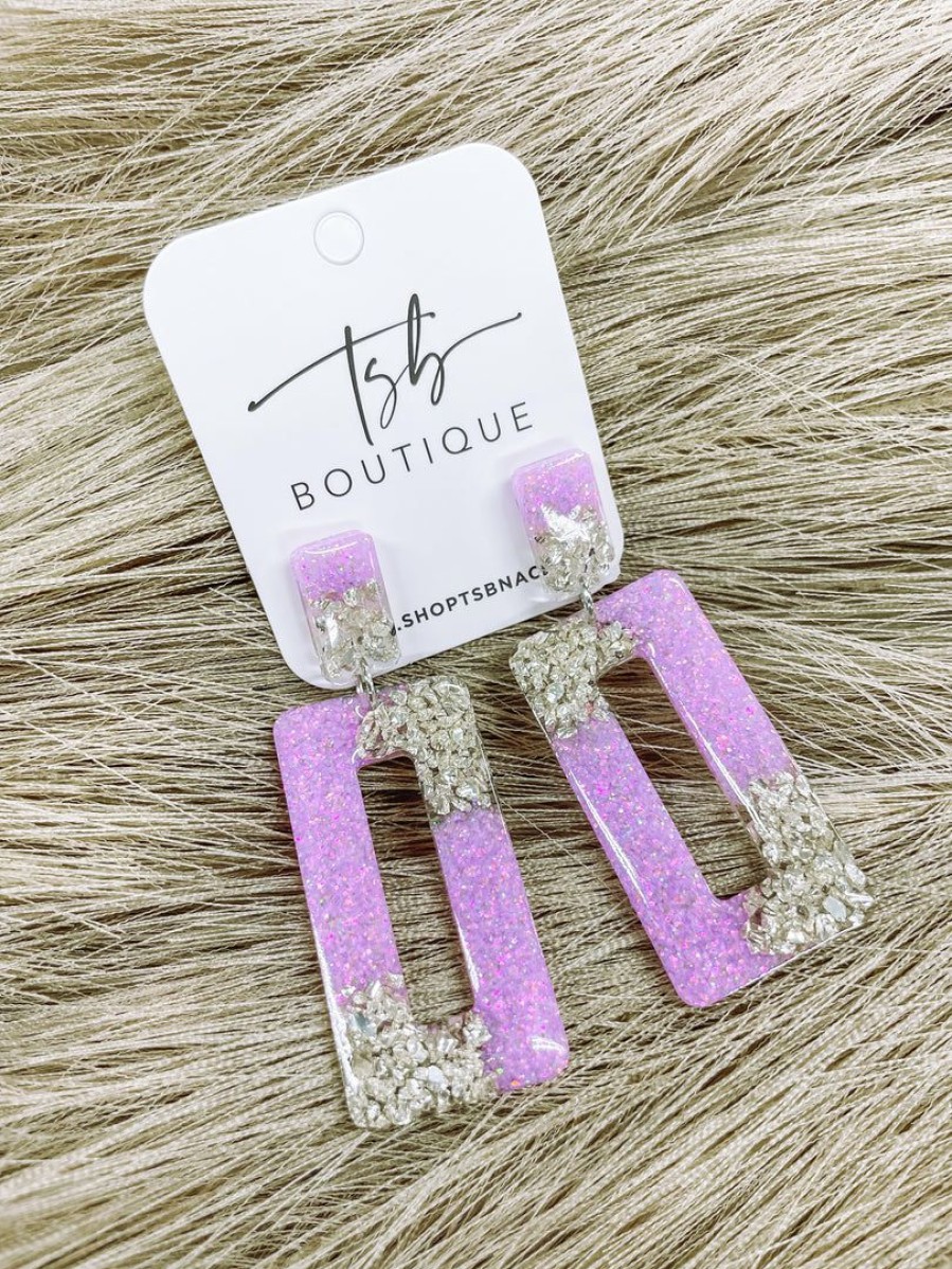 * Texas Bling Glitter Open Rectangle Earrings- Lavender & Silver Jewelry Jewelry