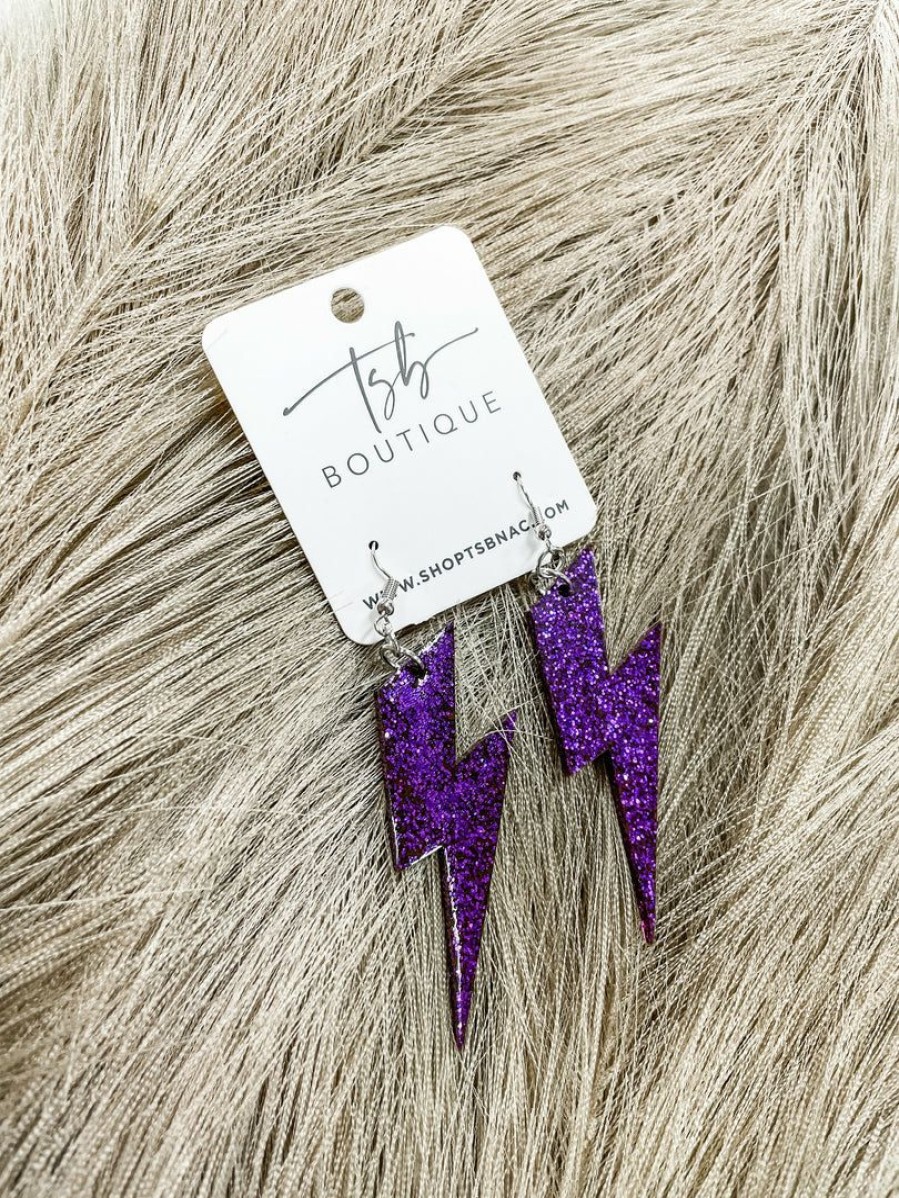 * Texas Bling Glitter Lightning Bolt Earrings- Purple Jewelry Jewelry