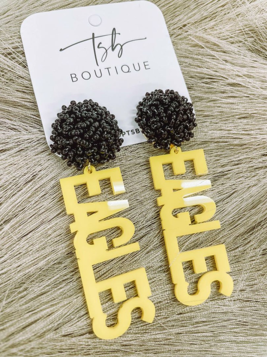 * Texas Bling 2022 School Style Yellow Eagles Black Pom Earrings Jewelry