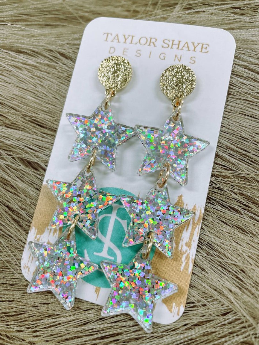 * Texas Bling Zara Triple Star Acrylic Drop Earrings- Silver Sequin Jewelry Jewelry