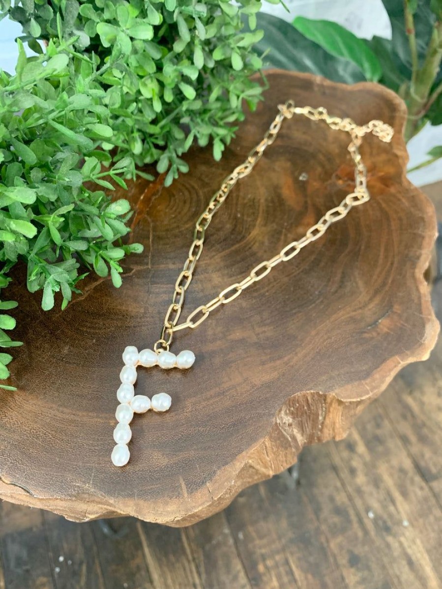 * Texas Bling Pearl Initial Letter Necklace- F Jewelry