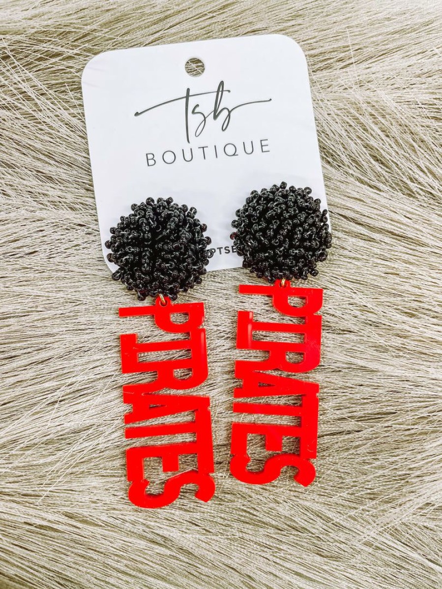 * Texas Bling 2022 School Style Red Pirates Black Pom Earrings Jewelry