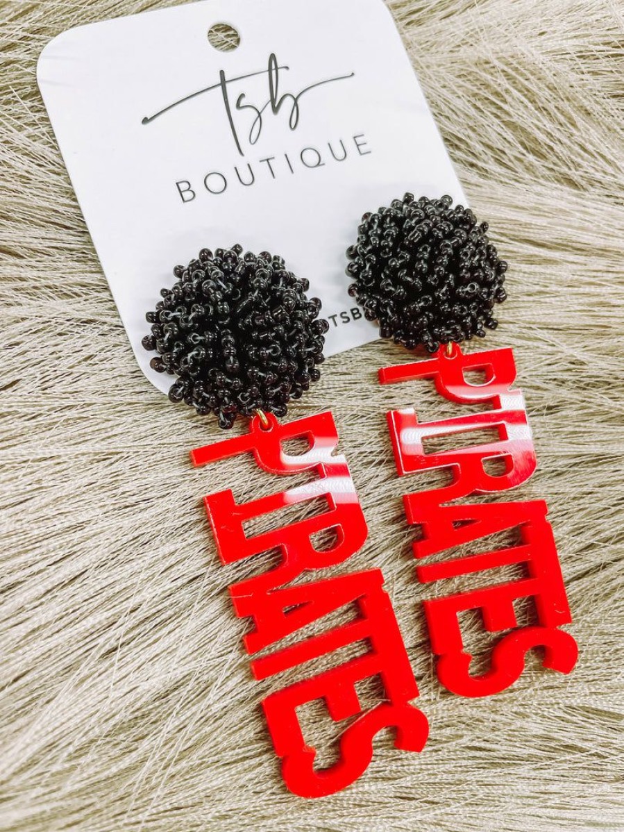 * Texas Bling 2022 School Style Red Pirates Black Pom Earrings Jewelry