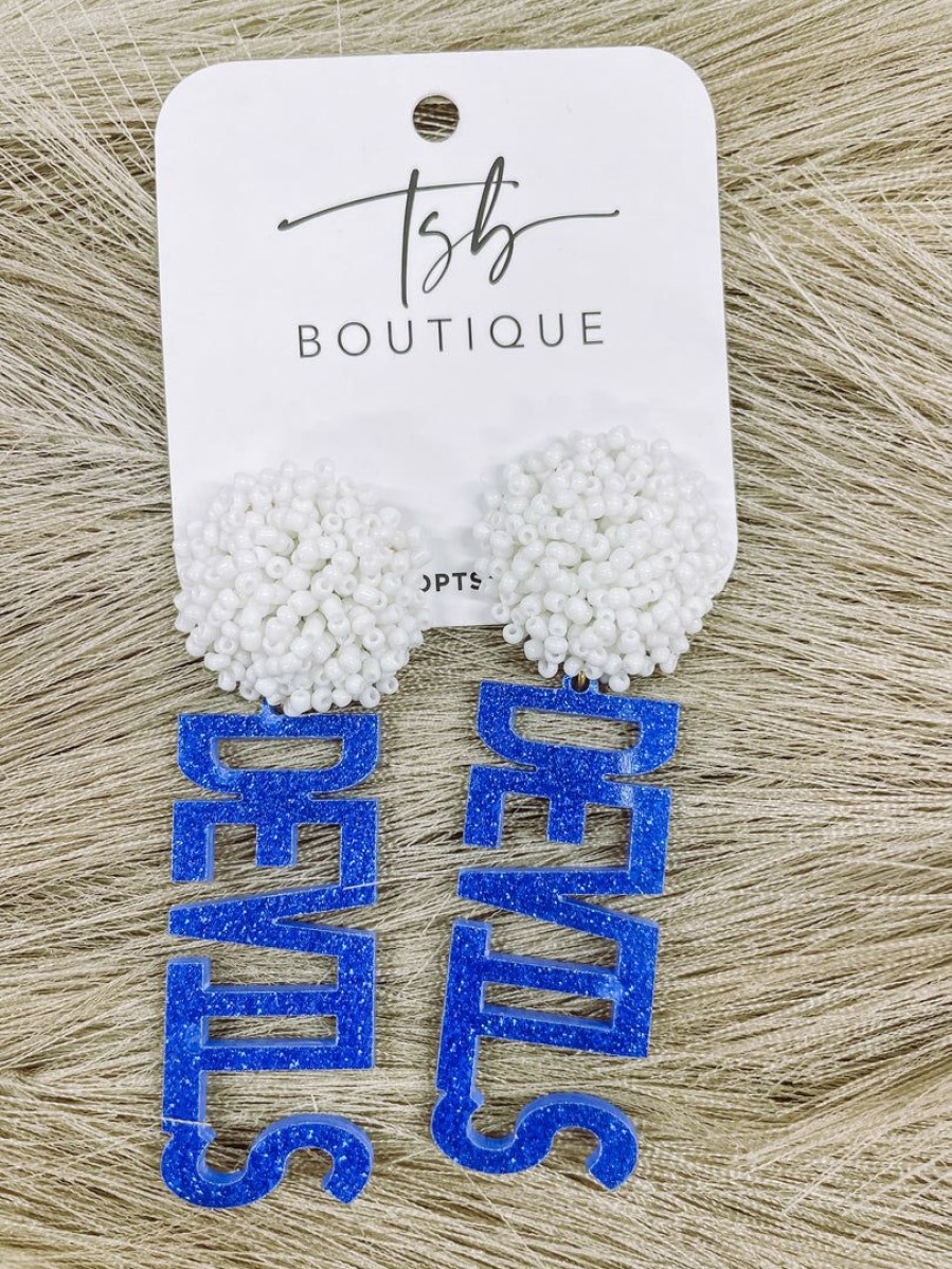 * Texas Bling Blue Devils White Pom Earrings Jewelry