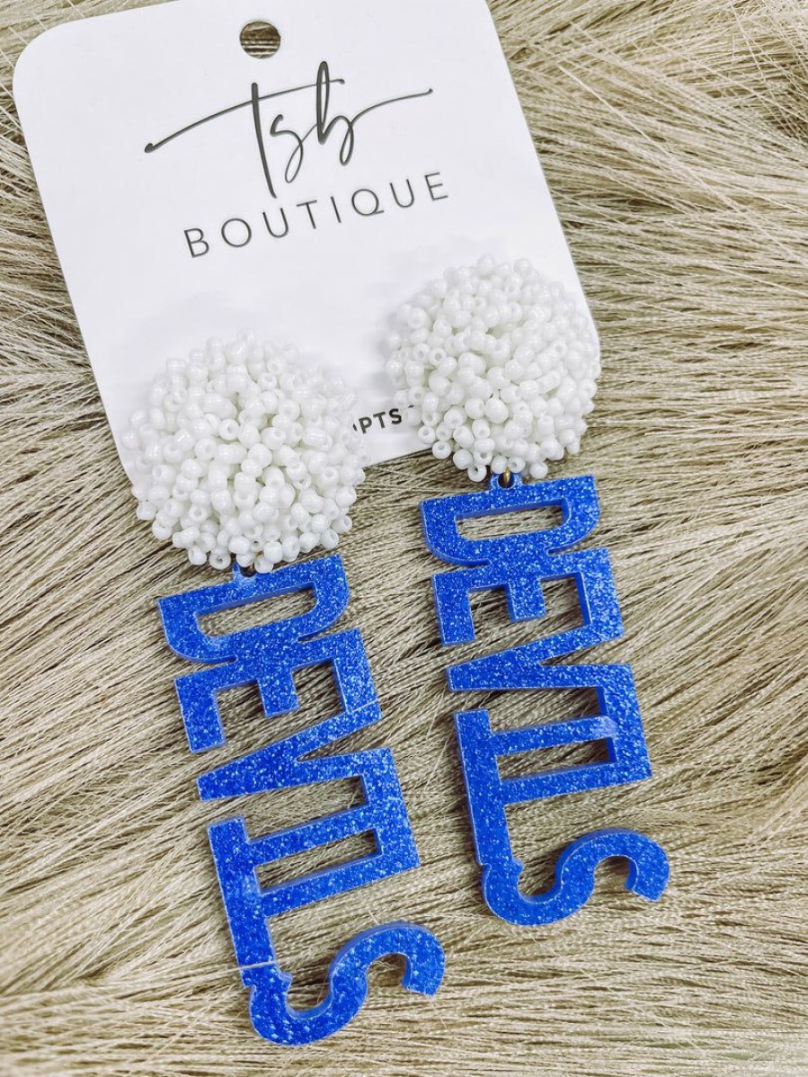 * Texas Bling Blue Devils White Pom Earrings Jewelry