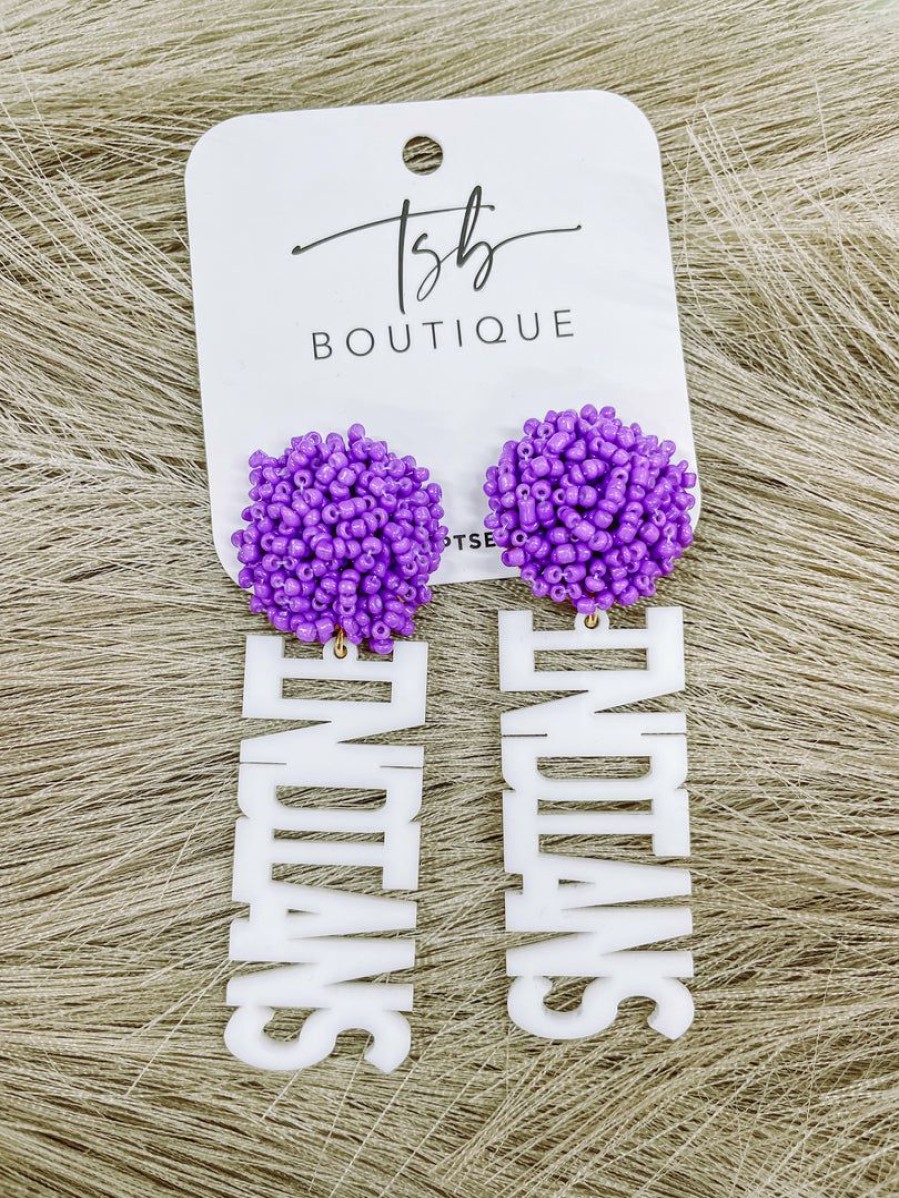 * Texas Bling White Indians Purple Pom Earrings 2022 School Style Jewelry