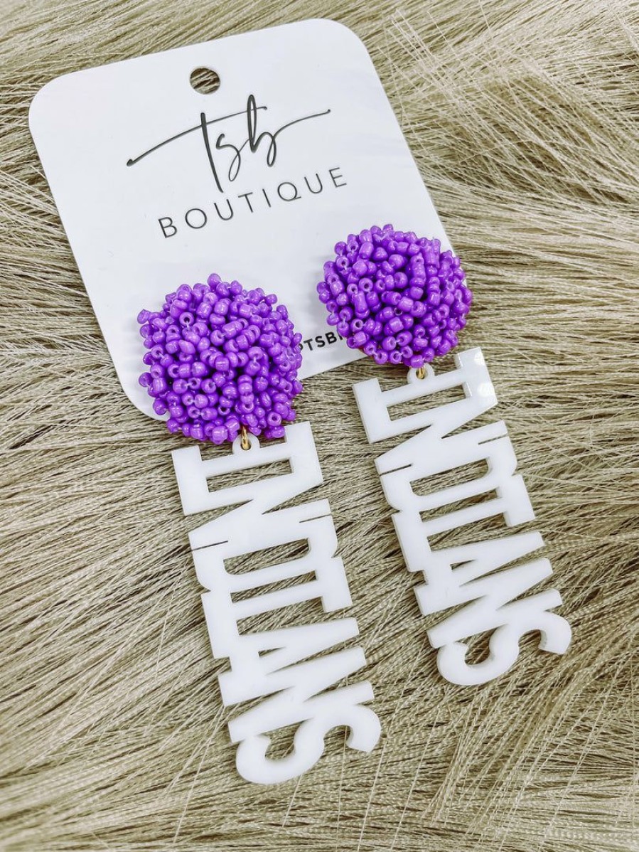 * Texas Bling White Indians Purple Pom Earrings 2022 School Style Jewelry