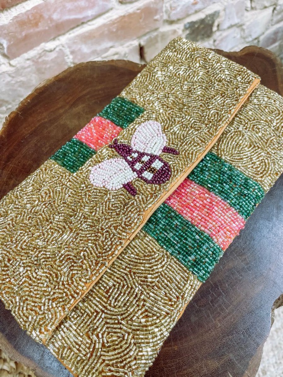 * Texas Bling Gold Bee Beaded Crossbody Clutch Bags Bags