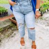 * Risen Camille Distressed High Waisted Asymmetric Button Jeans Denim Bottoms