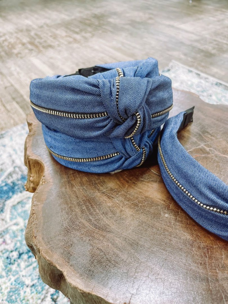 * Texas Bling Denim Zipper Mid Knot Headband- Dark Blue Hair Accessories