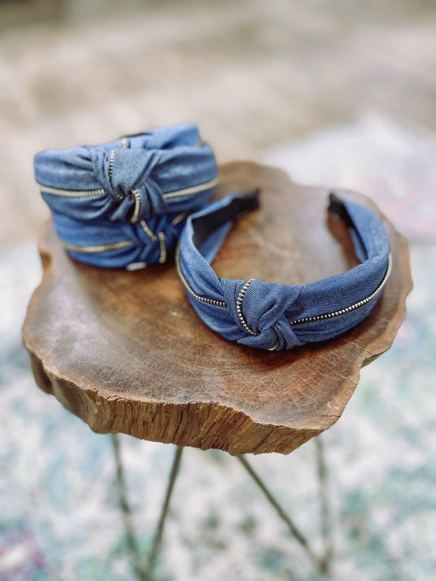 * Texas Bling Denim Zipper Mid Knot Headband- Dark Blue Hair Accessories