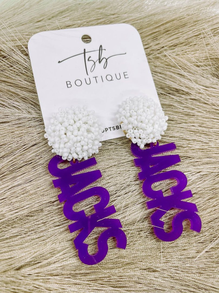 * Texas Bling Purple Jacks White Pom Earrings Jewelry