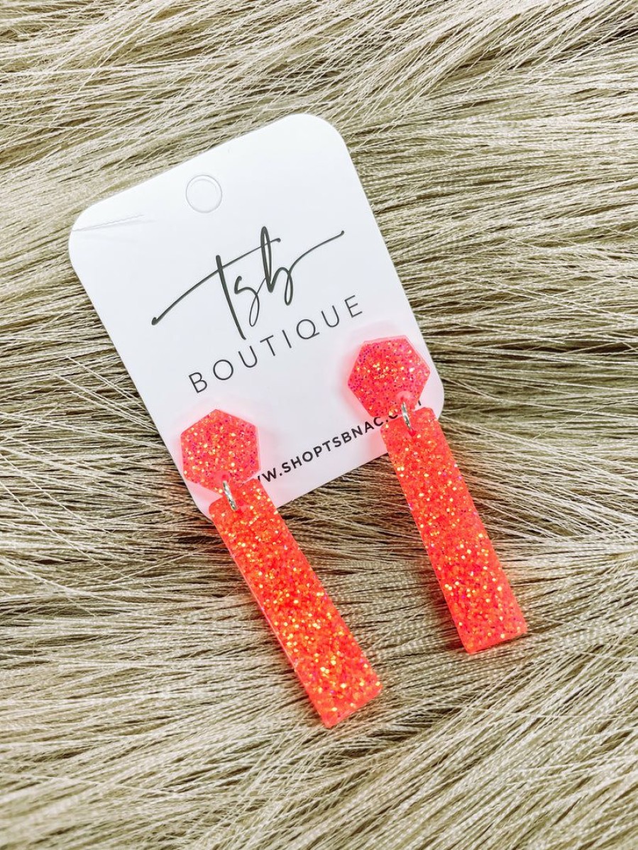 * Texas Bling Neon Fit Check Rectangle Dangle Earrings Coral Sunrise Jewelry