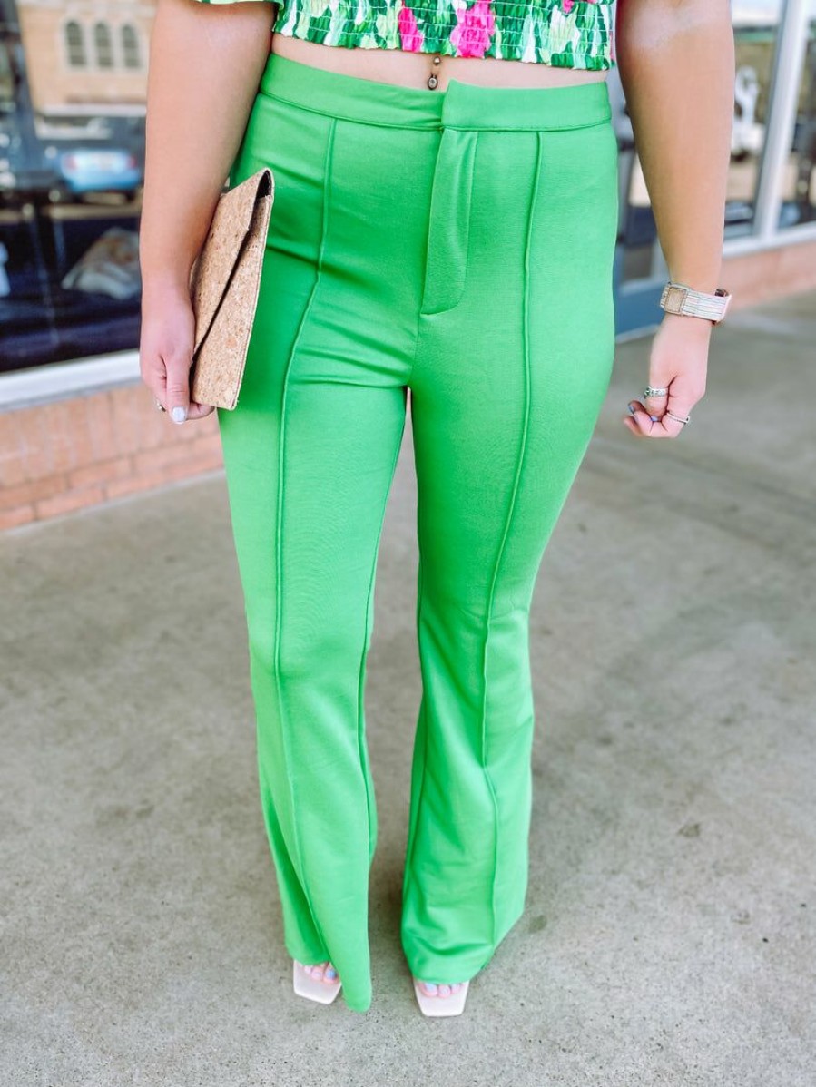 * Flying Tomato Ava Center Seam High Rise Flare Pants- Green Bottoms Bottoms