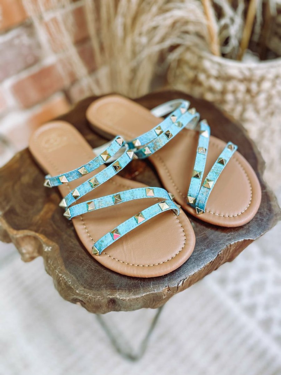 * Miami Shoe Wholesale Shoes Claire Pyramid Stud Sandal- Turquoise Sandals