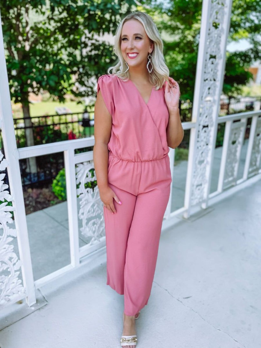 * Entro Rompers & Jumpsuits Annie Elastic Waist Surplice Shoulder Pad Jumpsuit Rompers & Jumpsuits