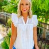 * Entro Tops Kynlee Sheer Checkered Ruffle Sleeve Top- White Tops