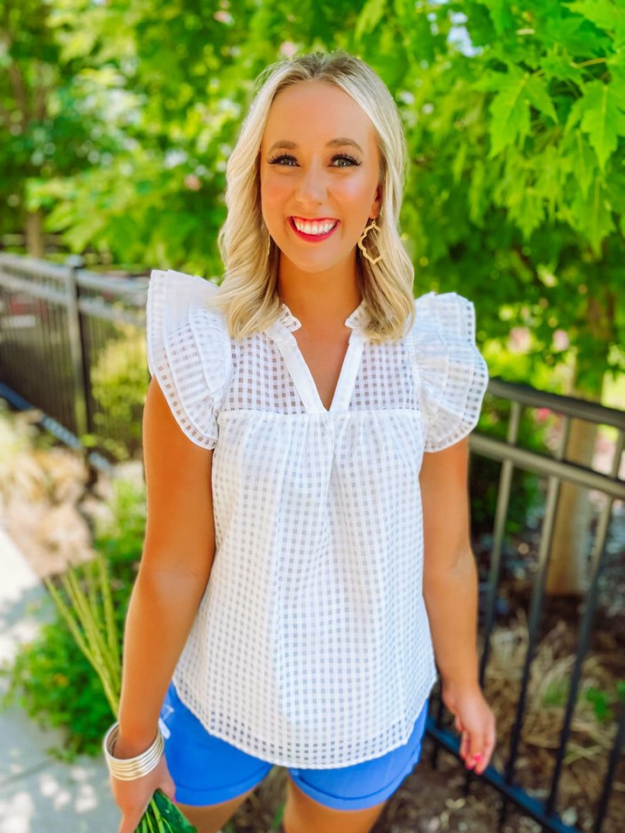 * Entro Tops Kynlee Sheer Checkered Ruffle Sleeve Top- White Tops