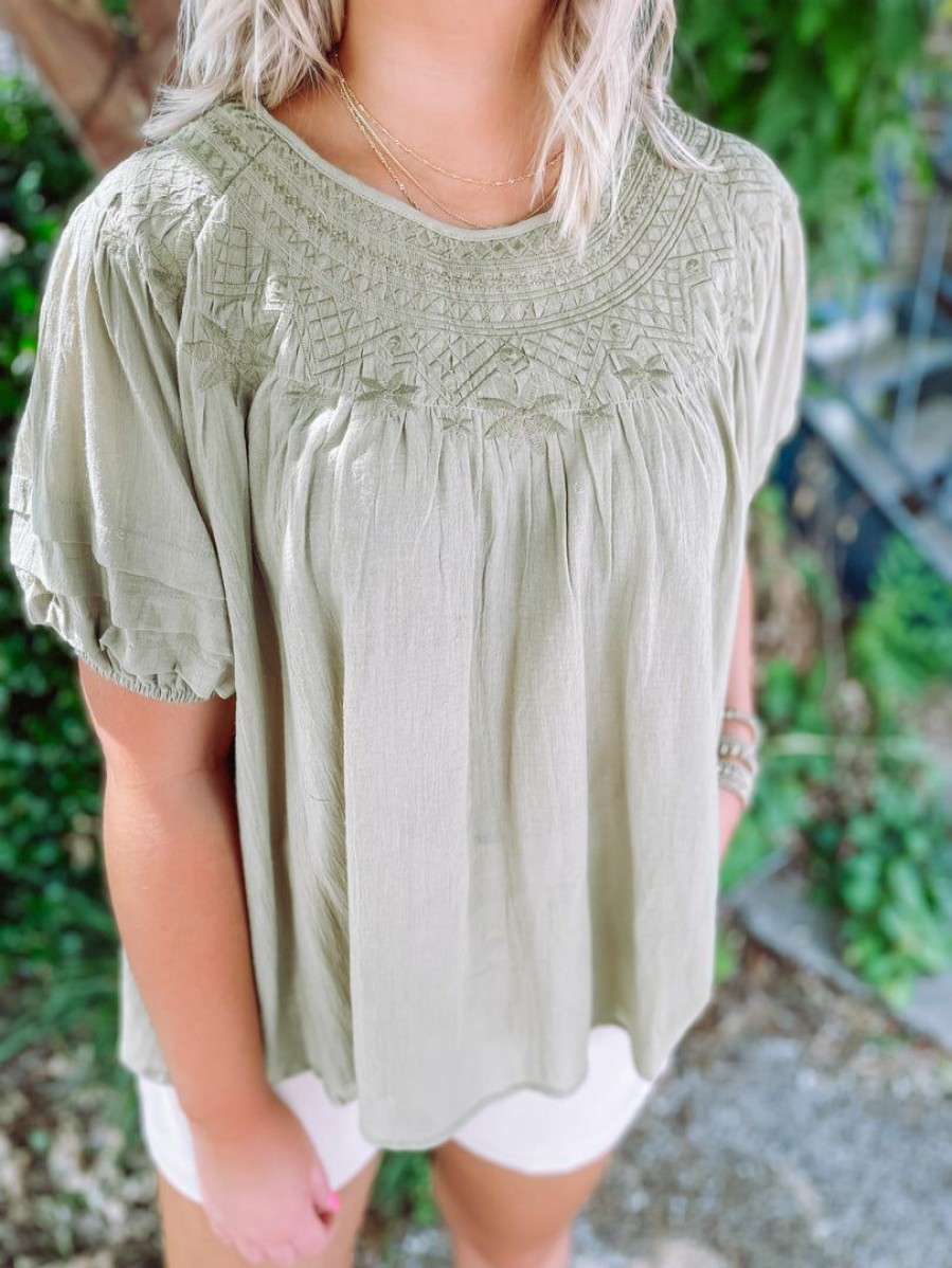 * Easel Jill Pleated Short Sleeve Top- Sage Tops Tops