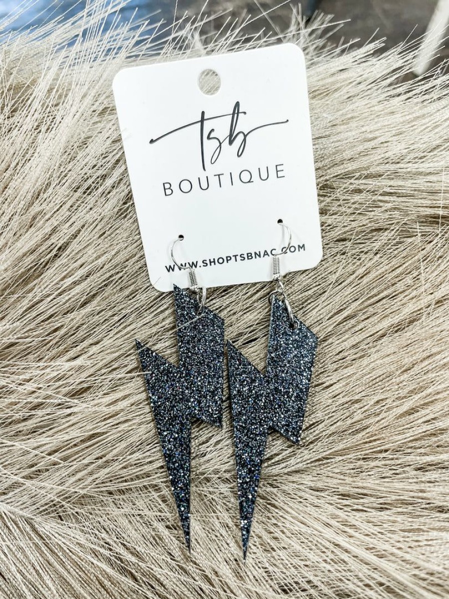 * Texas Bling Glitter Lightening Bolt Earrings- Gunmetal Jewelry