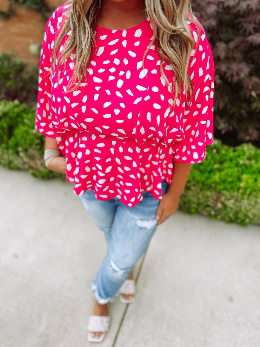 * Umgee Plus Lexie Dalmatian Print Bell Sleeve Top- Hot Pink Plus