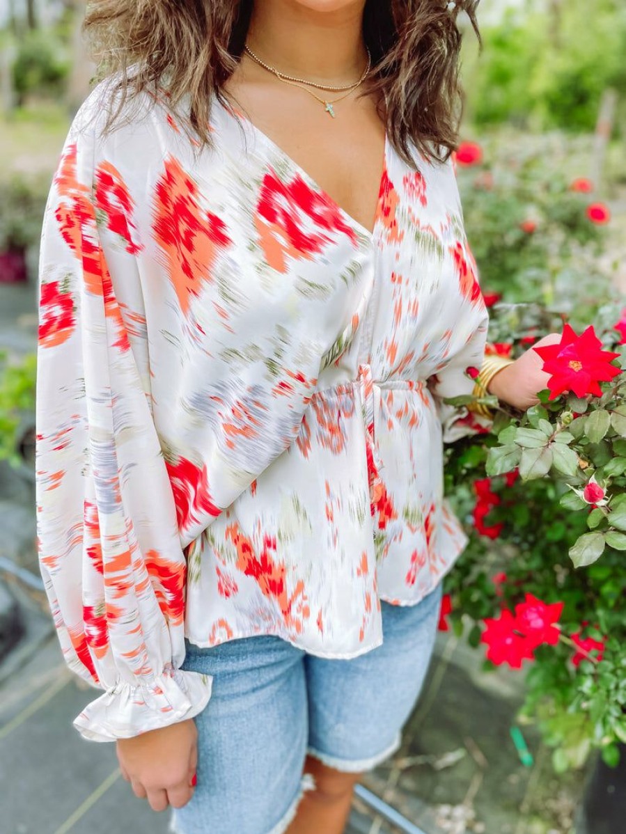 * Entro Marlee Floral V Neck Batwing Top- Orange Tops Tops