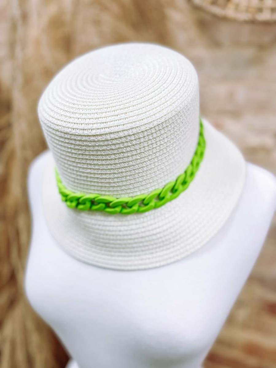 * Texas Bling Siena Chain Band Straw Bucket Hat- White Hats Hats