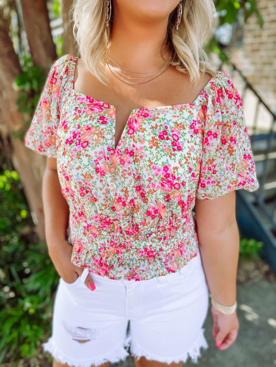 * Flying Tomato Sydney Floral Square Cropped Top Tops