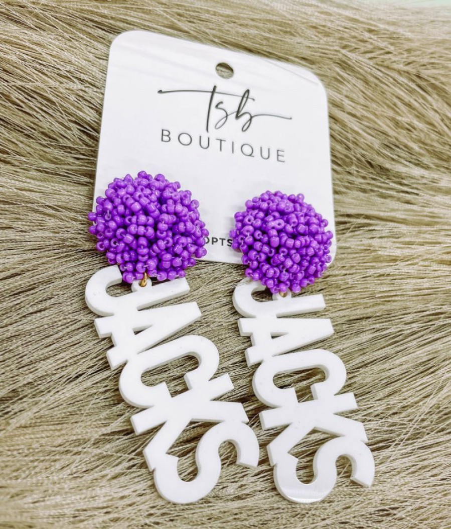 * Texas Bling White Jacks Light Purple Pom Earrings Sfa Jewelry