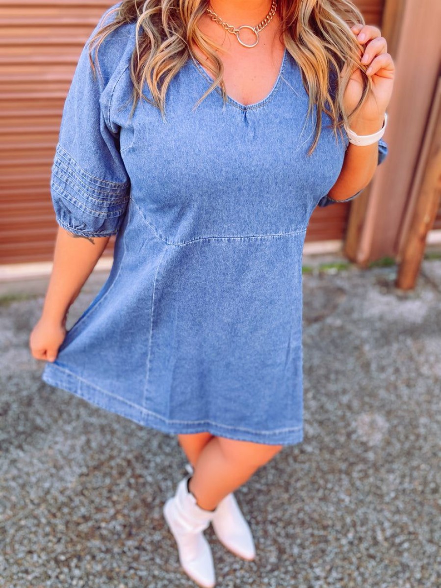 * Umgee Aubree Half Puff Sleeve Denim Dress Plus